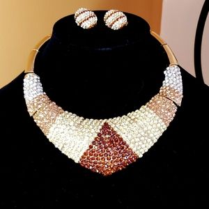 NWOT Beautiful Necklace Set with Clip On Earrings with Multi color Crystals